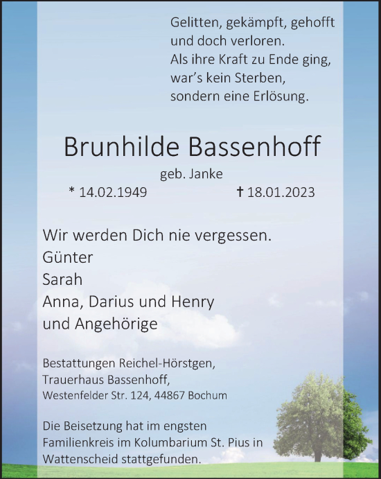 Traueranzeige von Brunhilde Bassenhoff von Tageszeitung