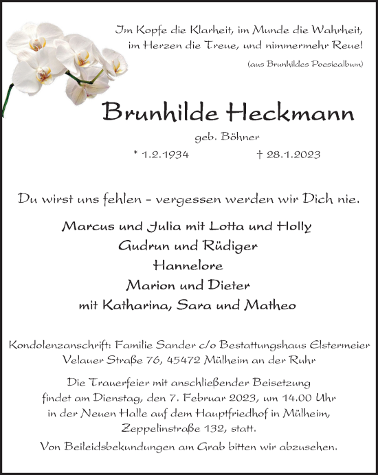 Traueranzeige von Brunhilde Heckmann von WVW Anzeigenblätter