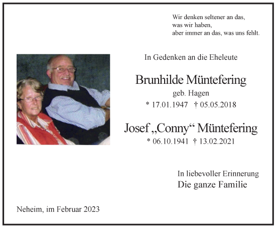 Traueranzeige von Brunhilde und Josef Müntefering von Tageszeitung
