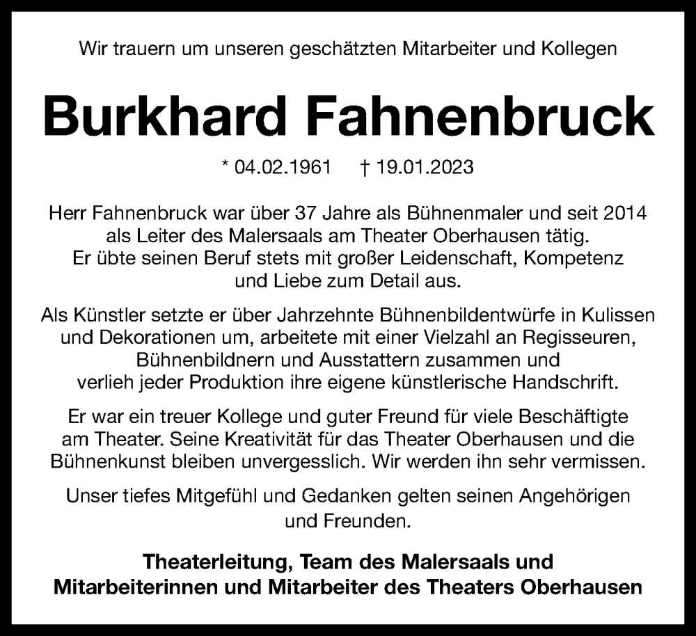  Traueranzeige für Burkhard Fahnenbruck vom 03.02.2023 aus Tageszeitung