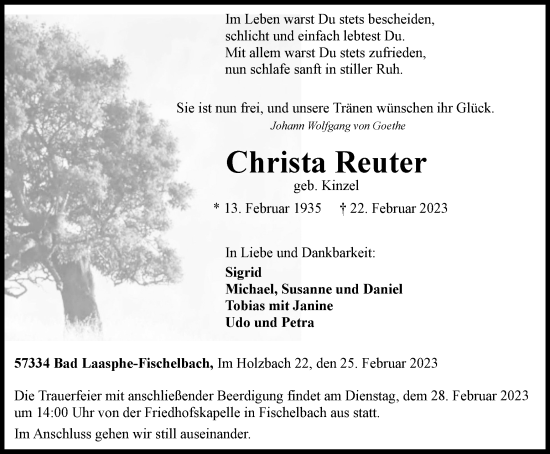 Traueranzeige von Christa Reuter von Tageszeitung