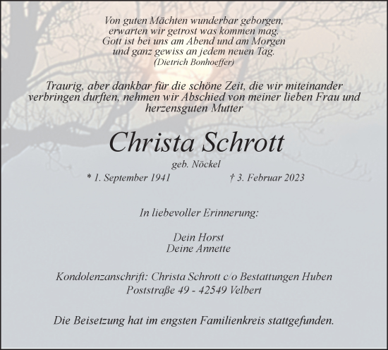 Traueranzeige von Christa Schrott von WVW Anzeigenblätter
