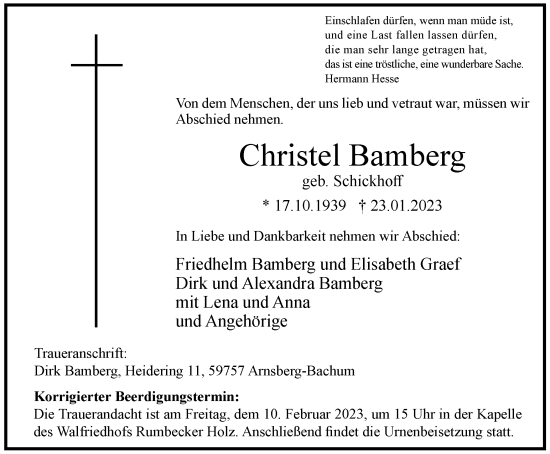 Traueranzeige von Christel Bamberg von Tageszeitung