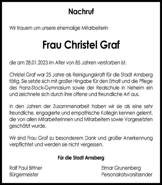 Traueranzeige von Christel Graf von Tageszeitung