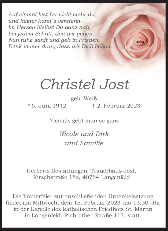 Traueranzeige von Christel Jost von WVW Anzeigenblätter