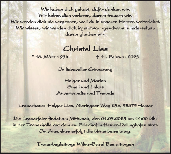 Traueranzeige von Christel Lies von WVW Anzeigenblätter