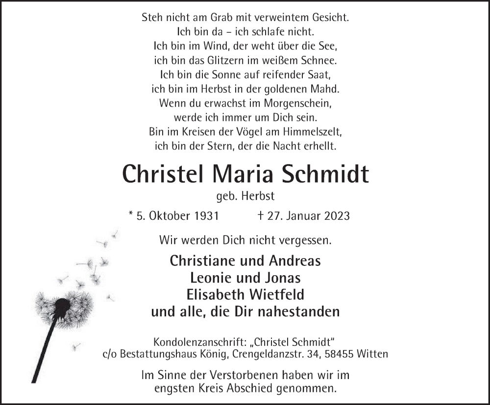  Traueranzeige für Christel Maria Schmidt vom 18.02.2023 aus Tageszeitung