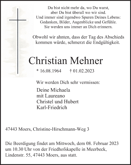 Traueranzeige von Christian Mehner von Tageszeitung