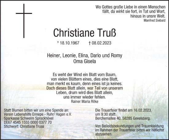 Traueranzeige von Christiane Truß von Tageszeitung