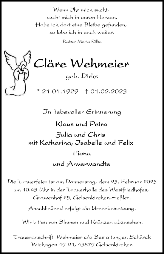 Traueranzeige von Cläre Wehmeier von Tageszeitung