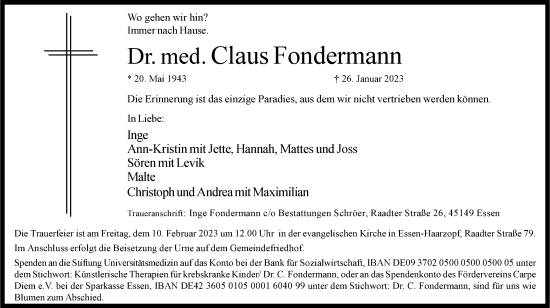 Traueranzeige von Claus Fondermann von Tageszeitung