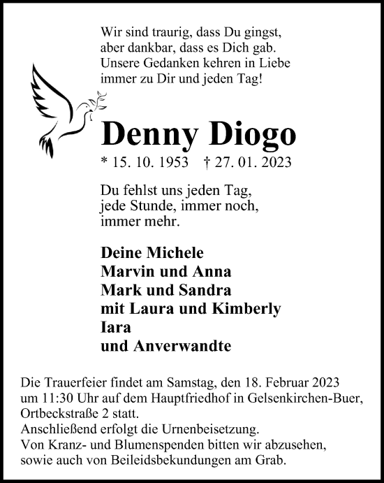 Traueranzeige von Denny Diogo von Tageszeitung