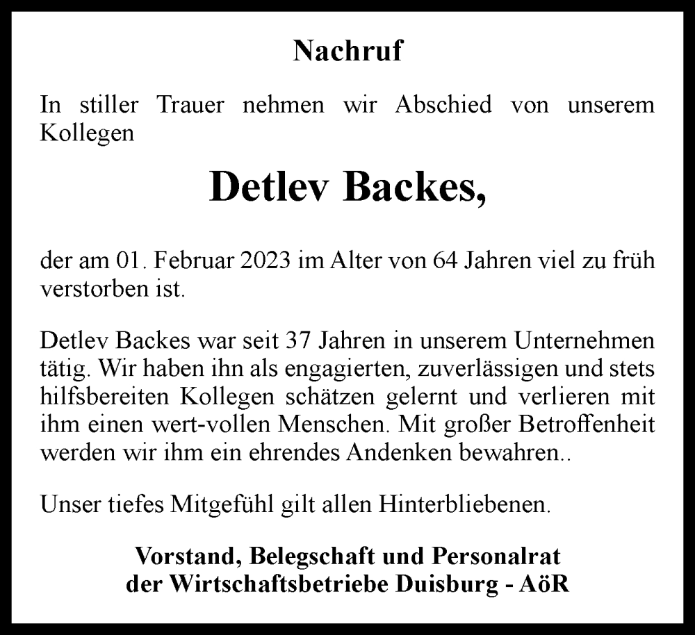  Traueranzeige für Detlev Backes vom 15.02.2023 aus Tageszeitung