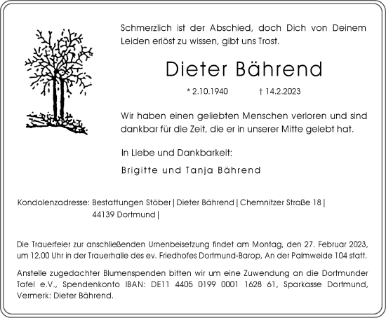 Traueranzeige von Dieter Bährend von Tageszeitung