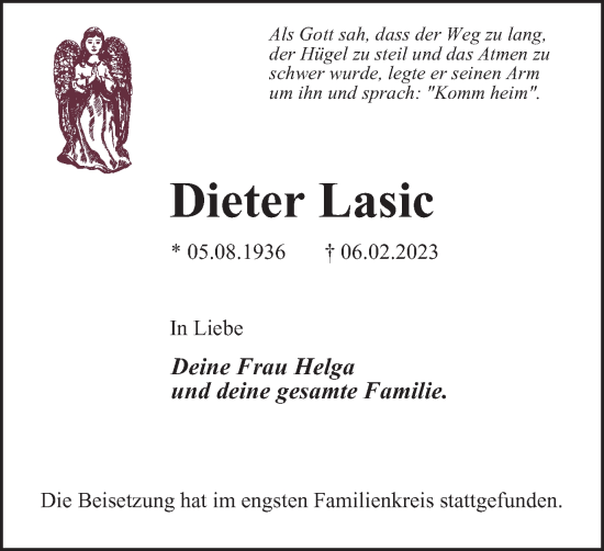 Traueranzeige von Dieter Lasic von WVW Anzeigenblätter