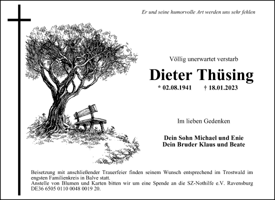 Traueranzeige von Dieter Thüsing von Tageszeitung