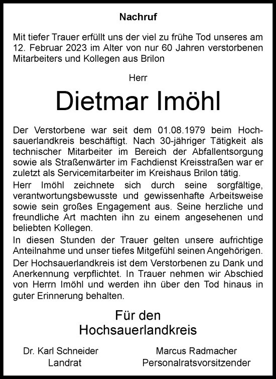 Traueranzeige von Dietmar Imöhl von Tageszeitung