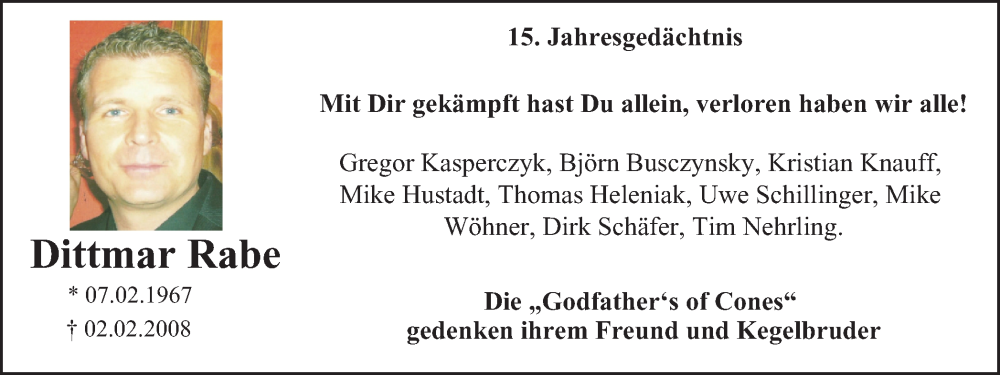  Traueranzeige für Dittmar Rabe vom 02.02.2023 aus Tageszeitung