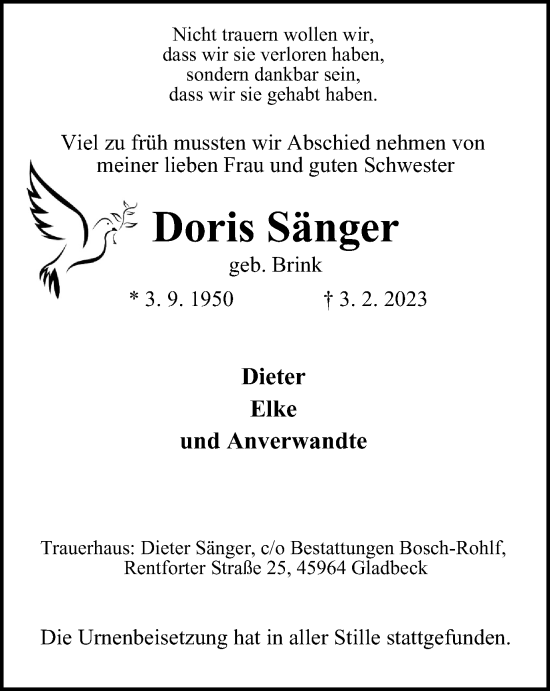 Traueranzeige von Doris Sänger von WVW Anzeigenblätter
