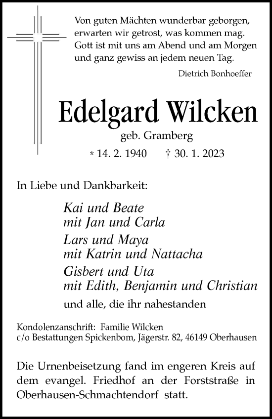 Traueranzeige von Edelgard Wilcken von WVW Anzeigenblätter