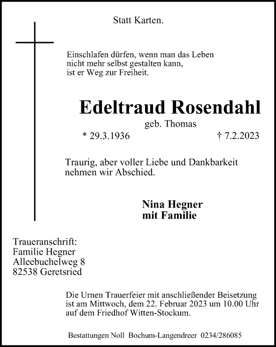Traueranzeige von Edeltraud Rosendahl von Tageszeitung