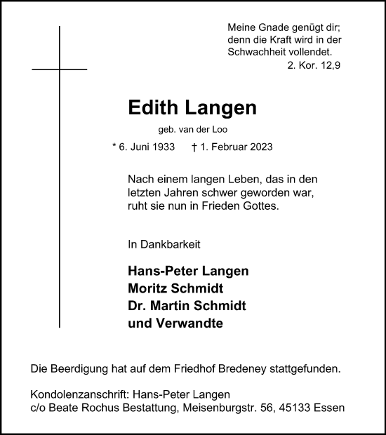 Traueranzeige von Edith Langen von Tageszeitung