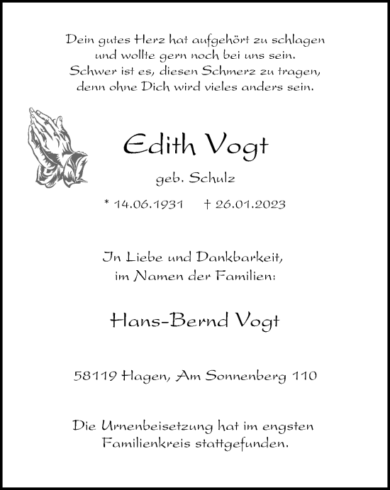 Traueranzeige von Edith Vogt von Tageszeitung