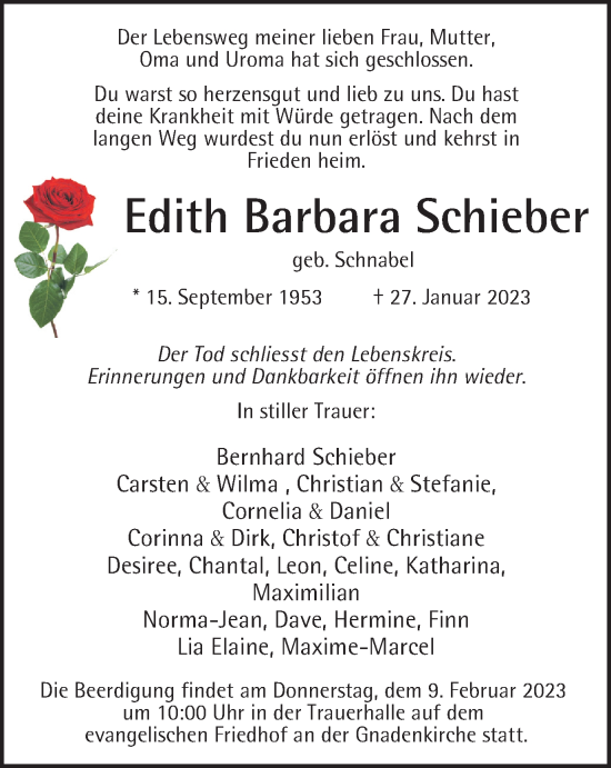 Traueranzeige von Edith Barbara Schieber von WVW Anzeigenblätter