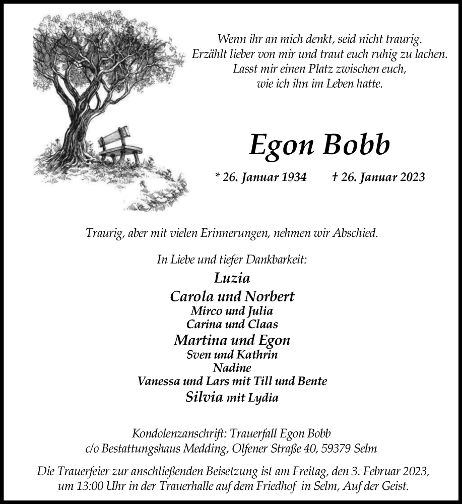  Traueranzeige für Egon Bobb vom 01.02.2023 aus Tageszeitung