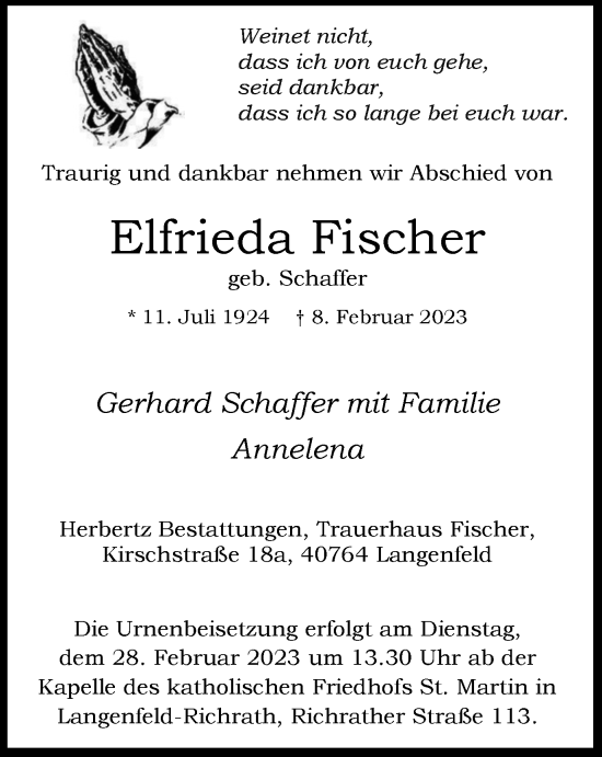 Traueranzeige von Elfrieda Fischer von WVW Anzeigenblätter
