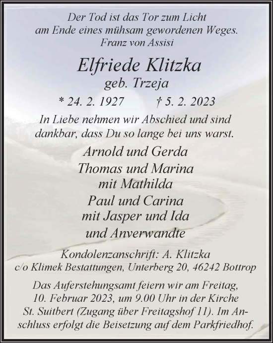 Traueranzeige von Elfriede Klitzka von Tageszeitung