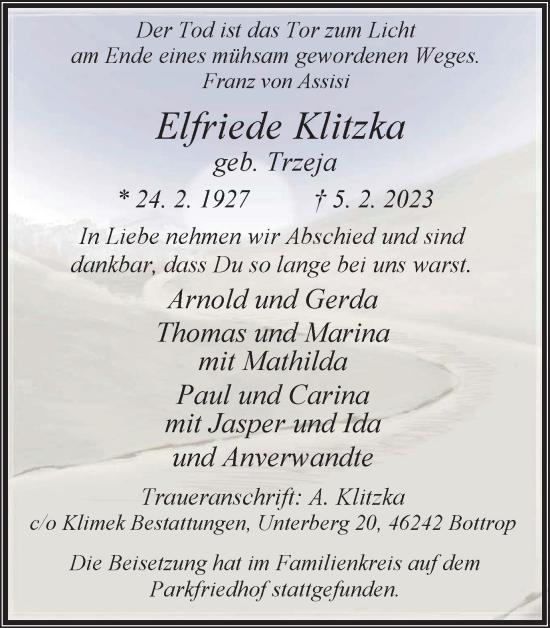 Traueranzeige von Elfriede Klitzka von WVW Anzeigenblätter