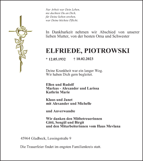 Traueranzeige von Elfriede Piotrowski von Tageszeitung