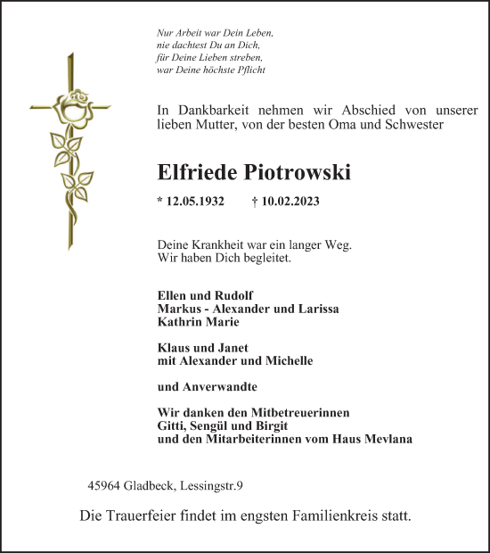 Traueranzeige von Elfriede Piotrowski von Tageszeitung