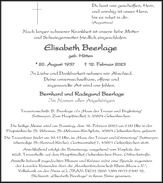 Traueranzeige von Elisabeth Beerlage von Tageszeitung