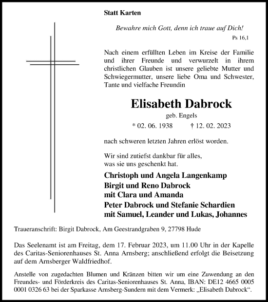 Traueranzeige von Elisabeth Dabrock von Tageszeitung