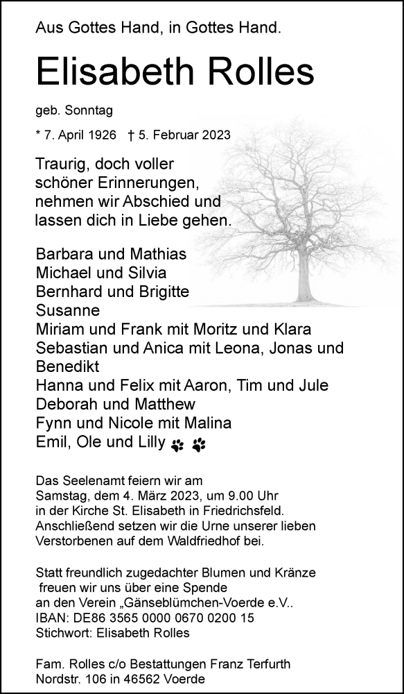  Traueranzeige für Elisabeth Rolles vom 25.02.2023 aus Tageszeitung