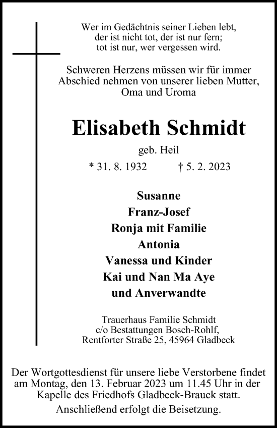Traueranzeige von Elisabeth Schmidt von WVW Anzeigenblätter