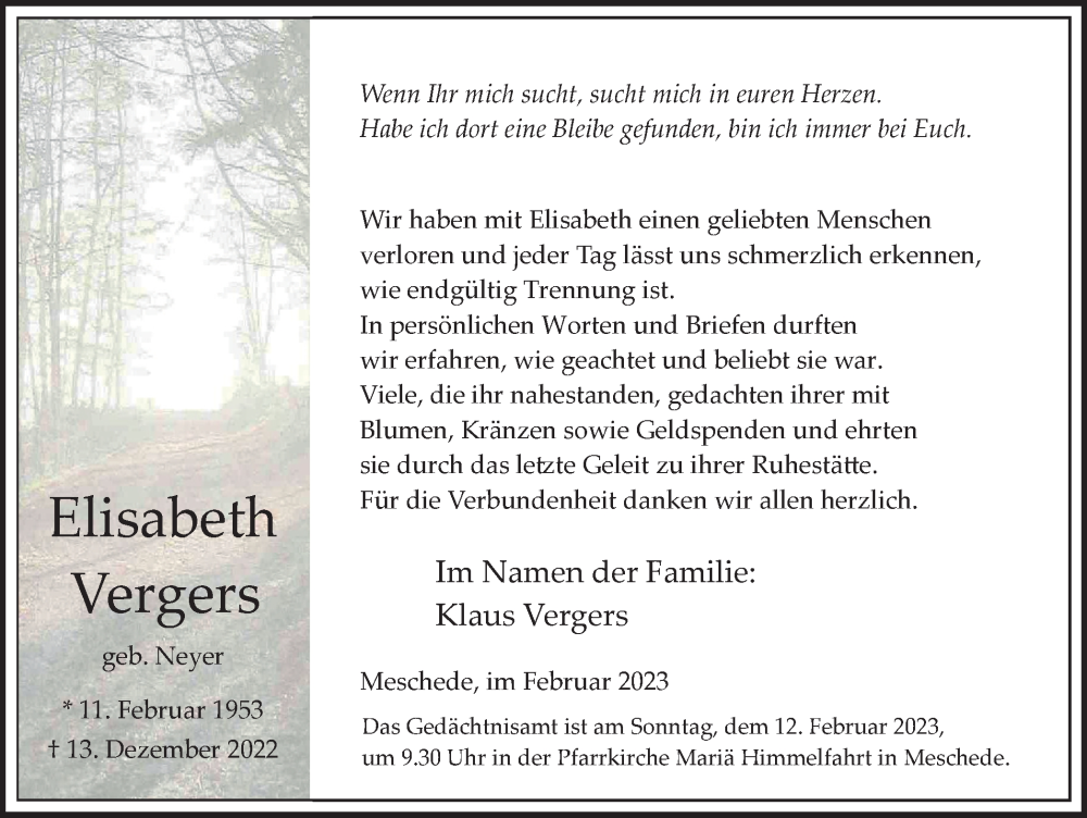  Traueranzeige für Elisabeth Vergers vom 04.02.2023 aus Tageszeitung