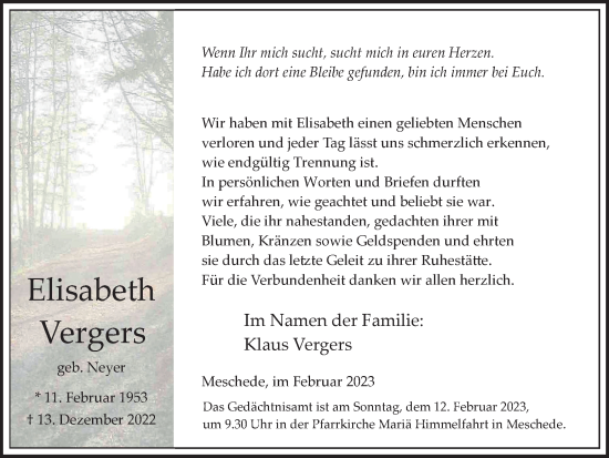 Traueranzeige von Elisabeth Vergers von Tageszeitung