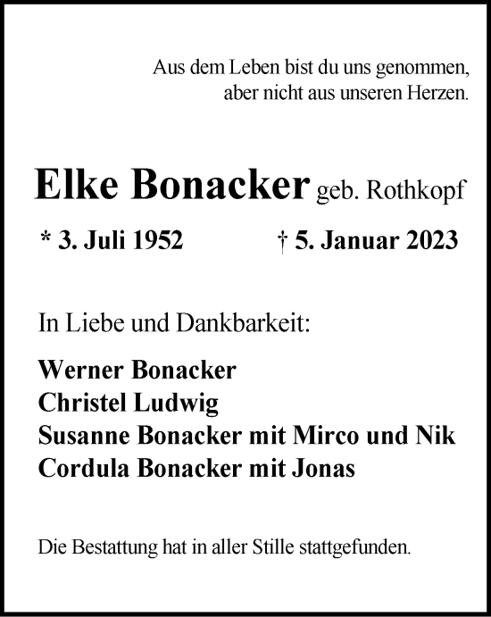 Traueranzeige von Elke Bonacker von Tageszeitung