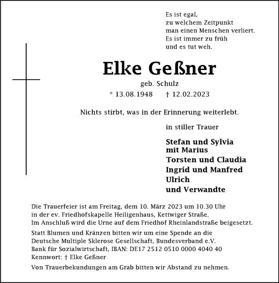 Traueranzeige von Elke Geßner von WVW Anzeigenblätter