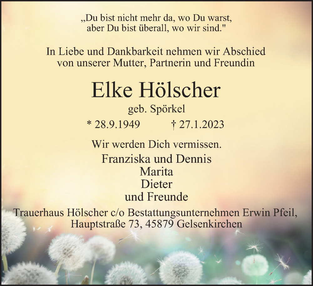  Traueranzeige für Elke Hölscher vom 25.02.2023 aus Tageszeitung