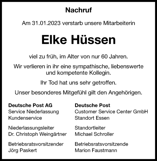 Traueranzeige von Elke Hüssen von Tageszeitung