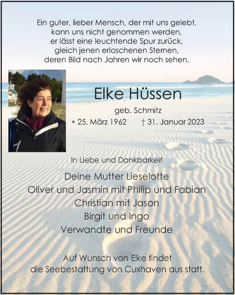  Traueranzeige für Elke Hüssen vom 11.02.2023 aus Tageszeitung