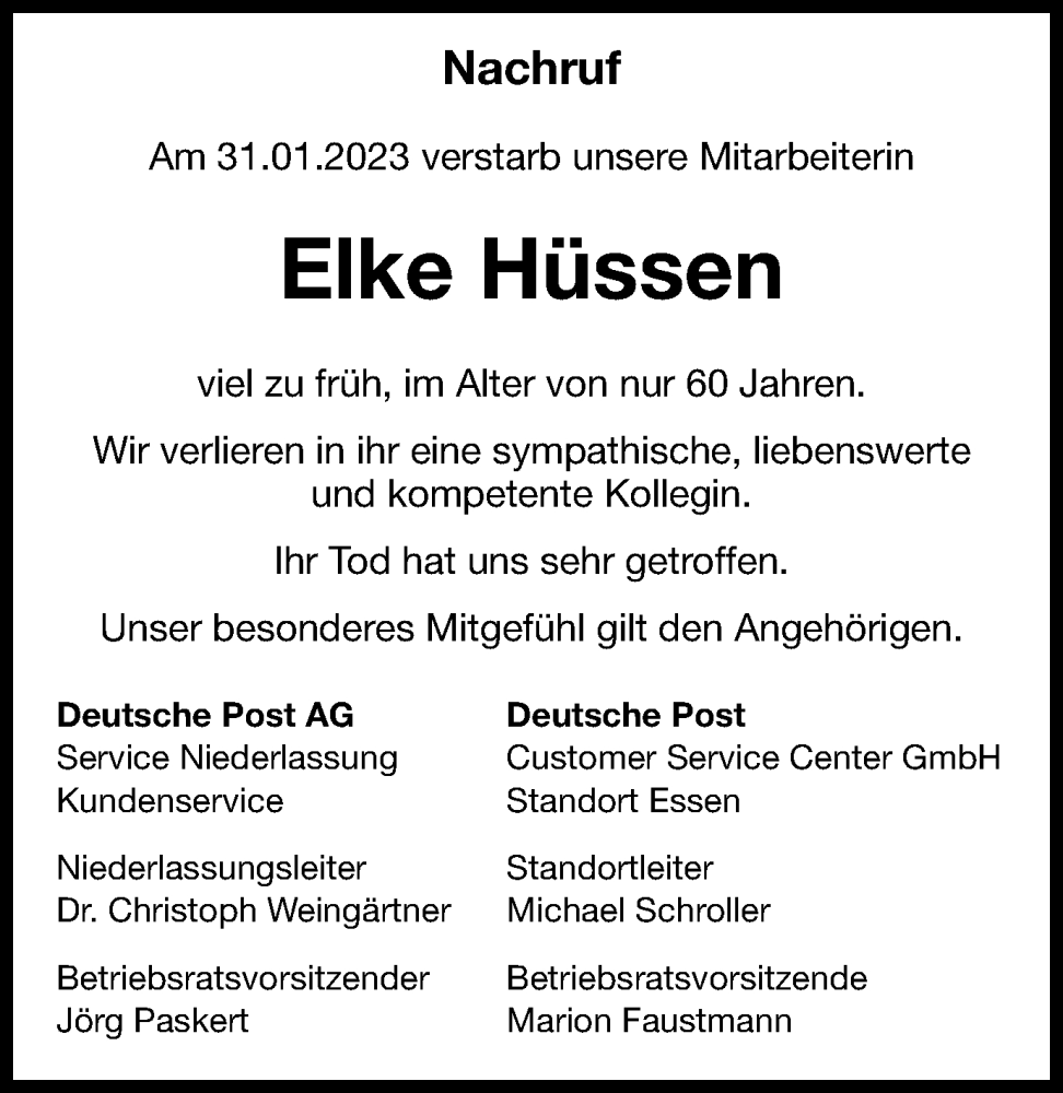  Traueranzeige für Elke Hüssen vom 10.02.2023 aus Tageszeitung