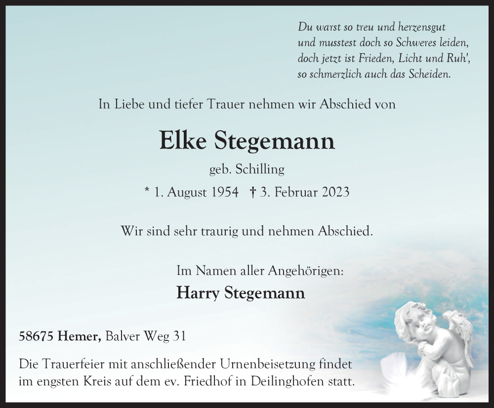  Traueranzeige für Elke Stegemann vom 11.02.2023 aus WVW Anzeigenblätter