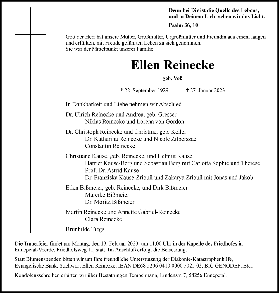  Traueranzeige für Ellen Reinecke vom 08.02.2023 aus Tageszeitung