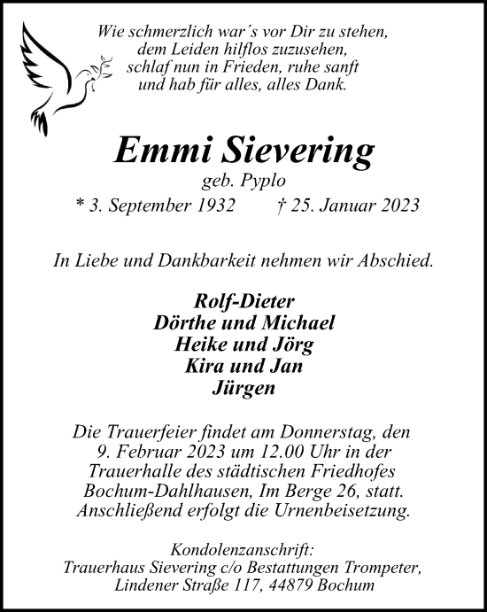 Traueranzeige von Emmi Sievering von Tageszeitung