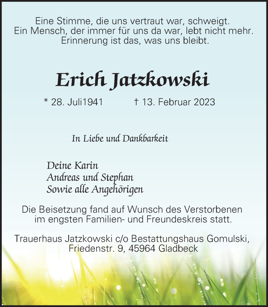  Traueranzeige für Erich Jatzkowski vom 18.02.2023 aus WVW Anzeigenblätter